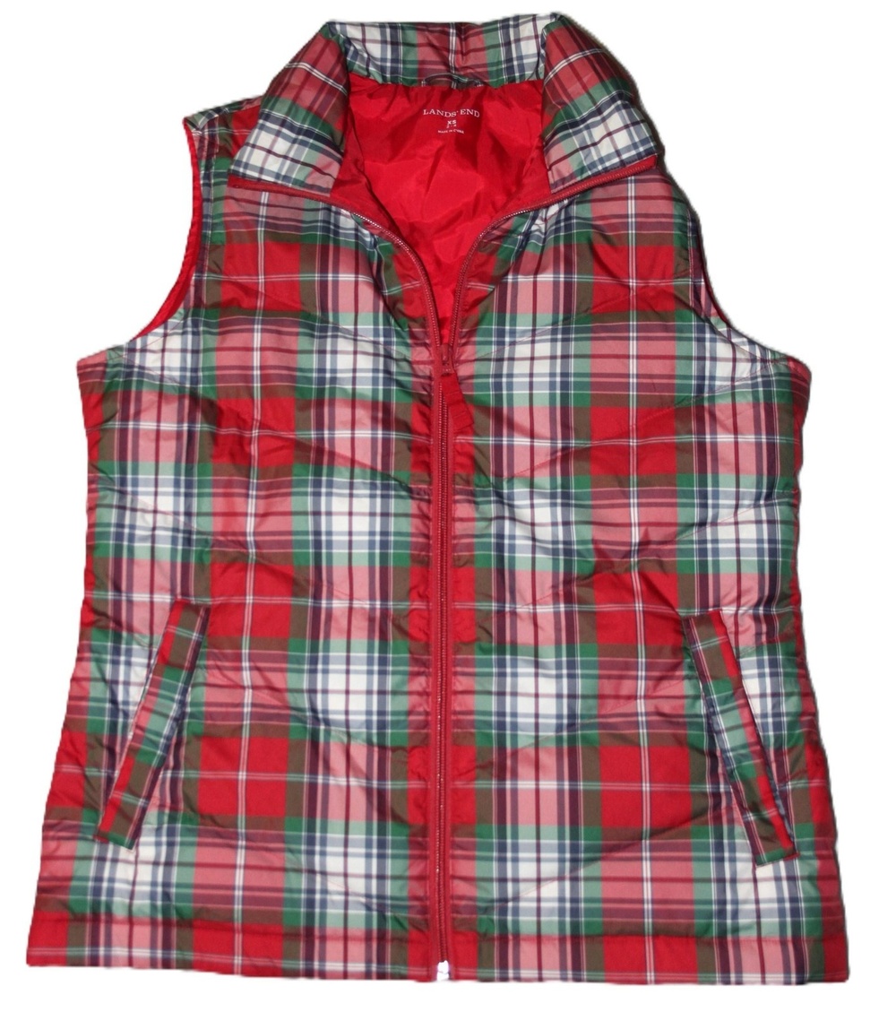 Lands' End Vest Womens XS Red Plaid Puffer Insulated Full Zip Pockets Lined